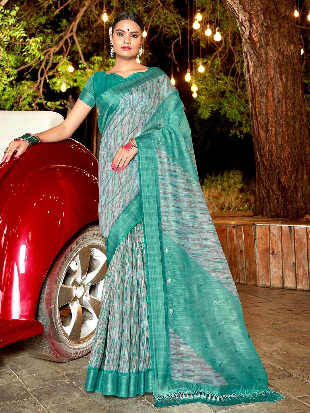 

ALAGINI Ethnic Motifs Sequinned Chanderi Saree, Sea green