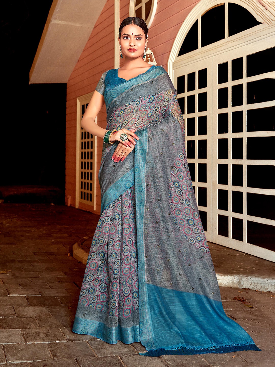 

ALAGINI Digital Printed Sequinned Heavy Work Chanderi Saree, Blue