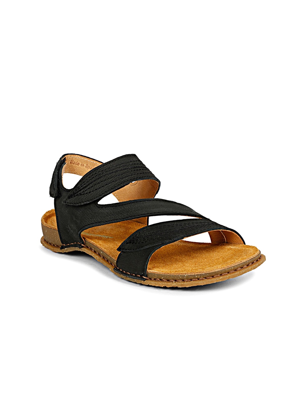 

El Naturalista Leather Open Toe Velcro Flats, Black