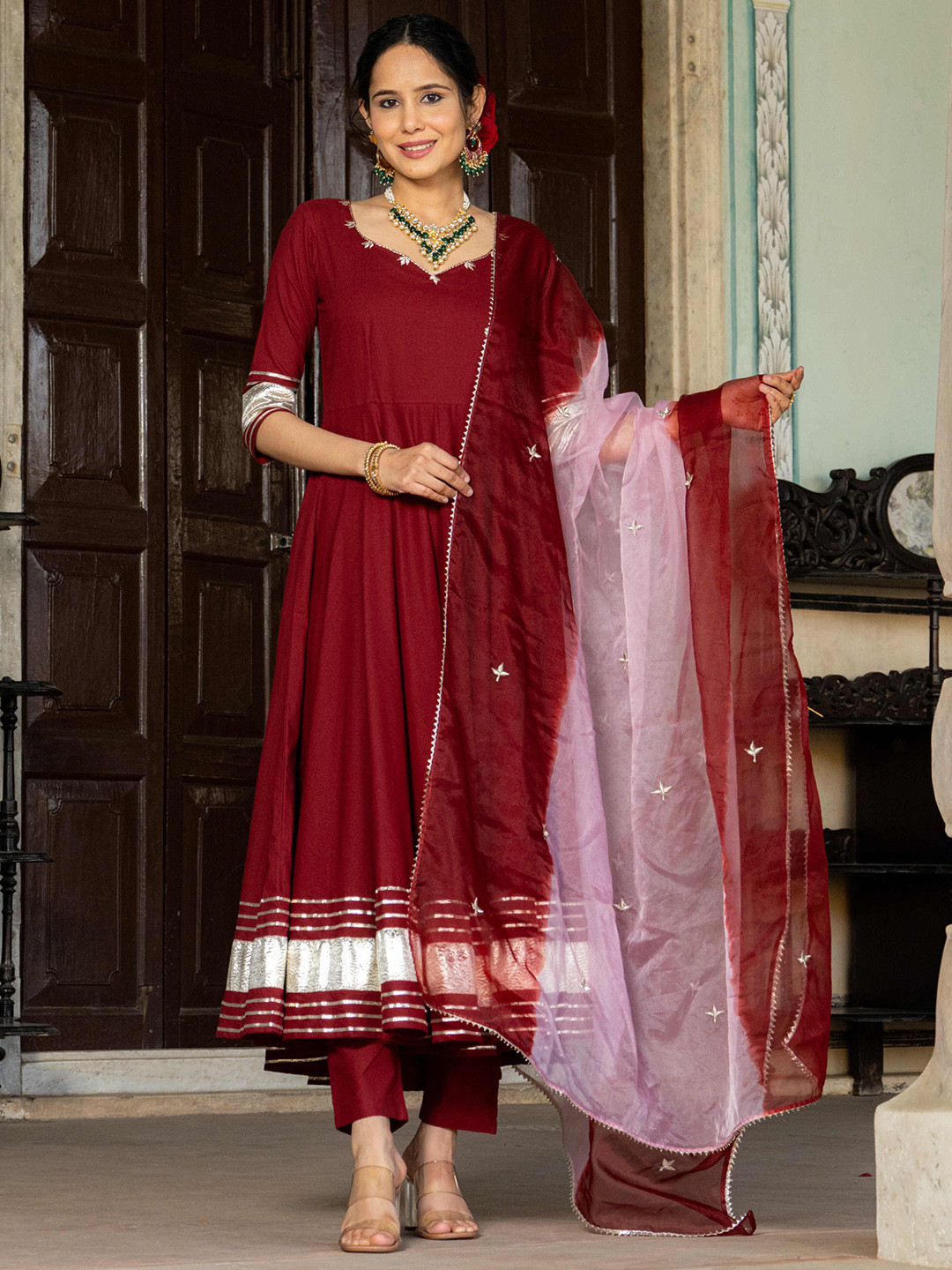 

GAYRAA Embroidered Empire Gotta Patti Pure Cotton Kurta with Trousers & Dupatta, Maroon