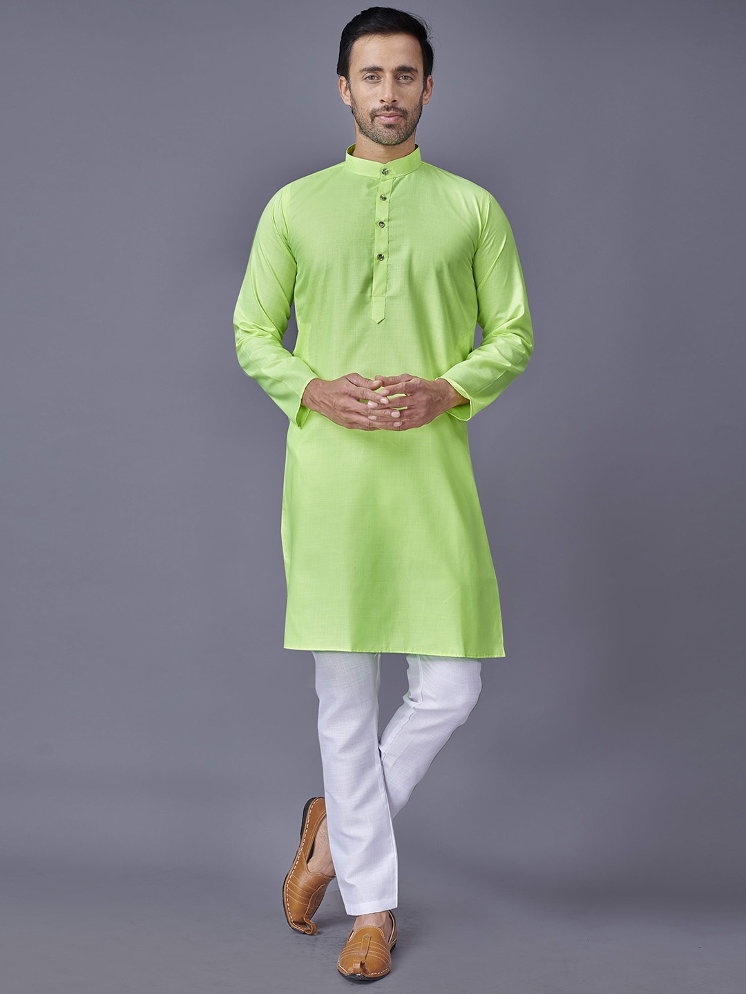 

Fashion FRICKS Mandarin Collar Long Sleeves Cotton Kurta, Lime green