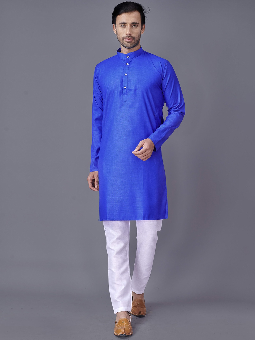 

Fashion FRICKS Mandarin Collar Long Sleeves Thread Work Kurta, Blue