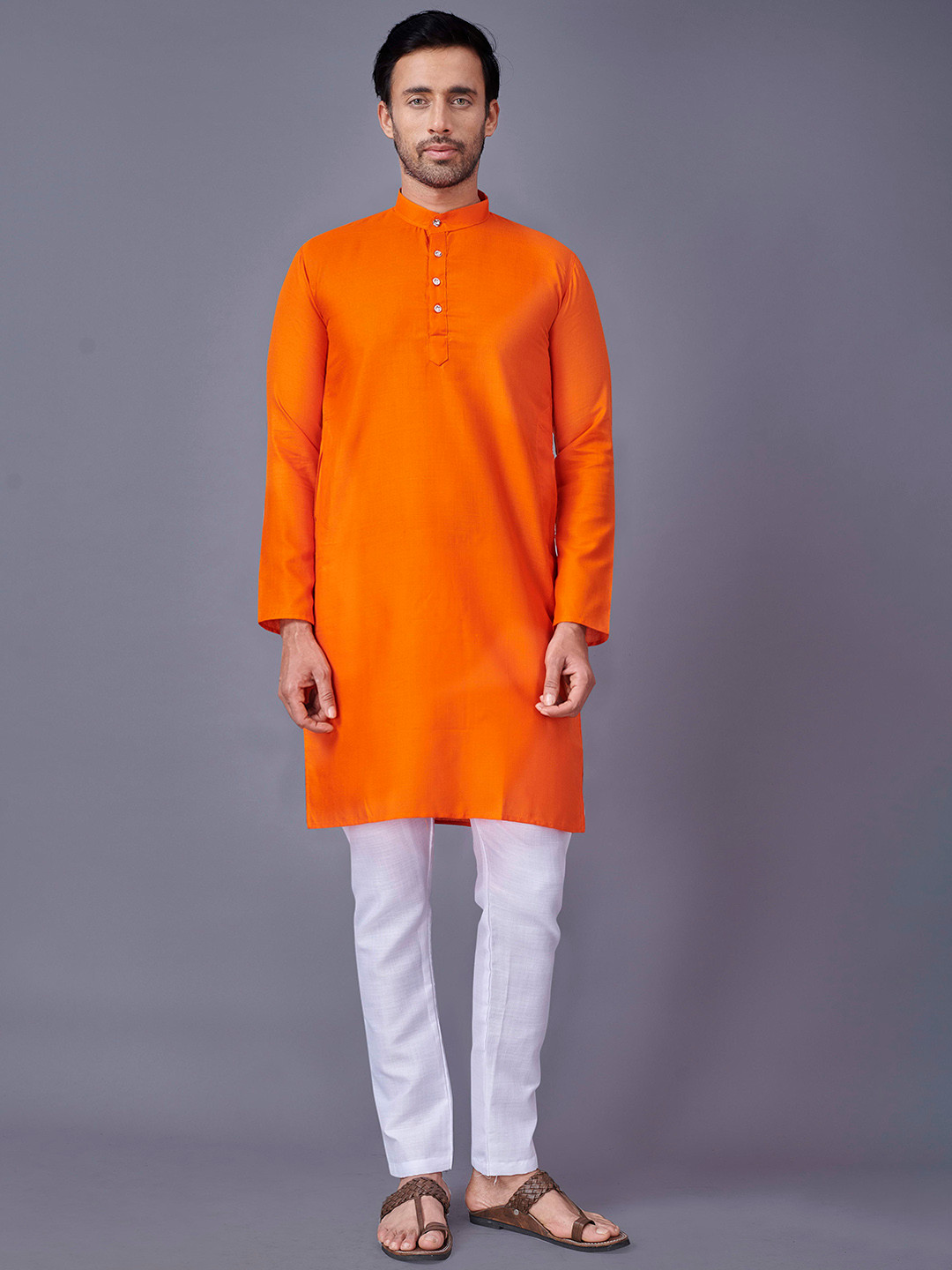 

Fashion FRICKS Mandarin Collar Cotton Straight Kurta, Orange