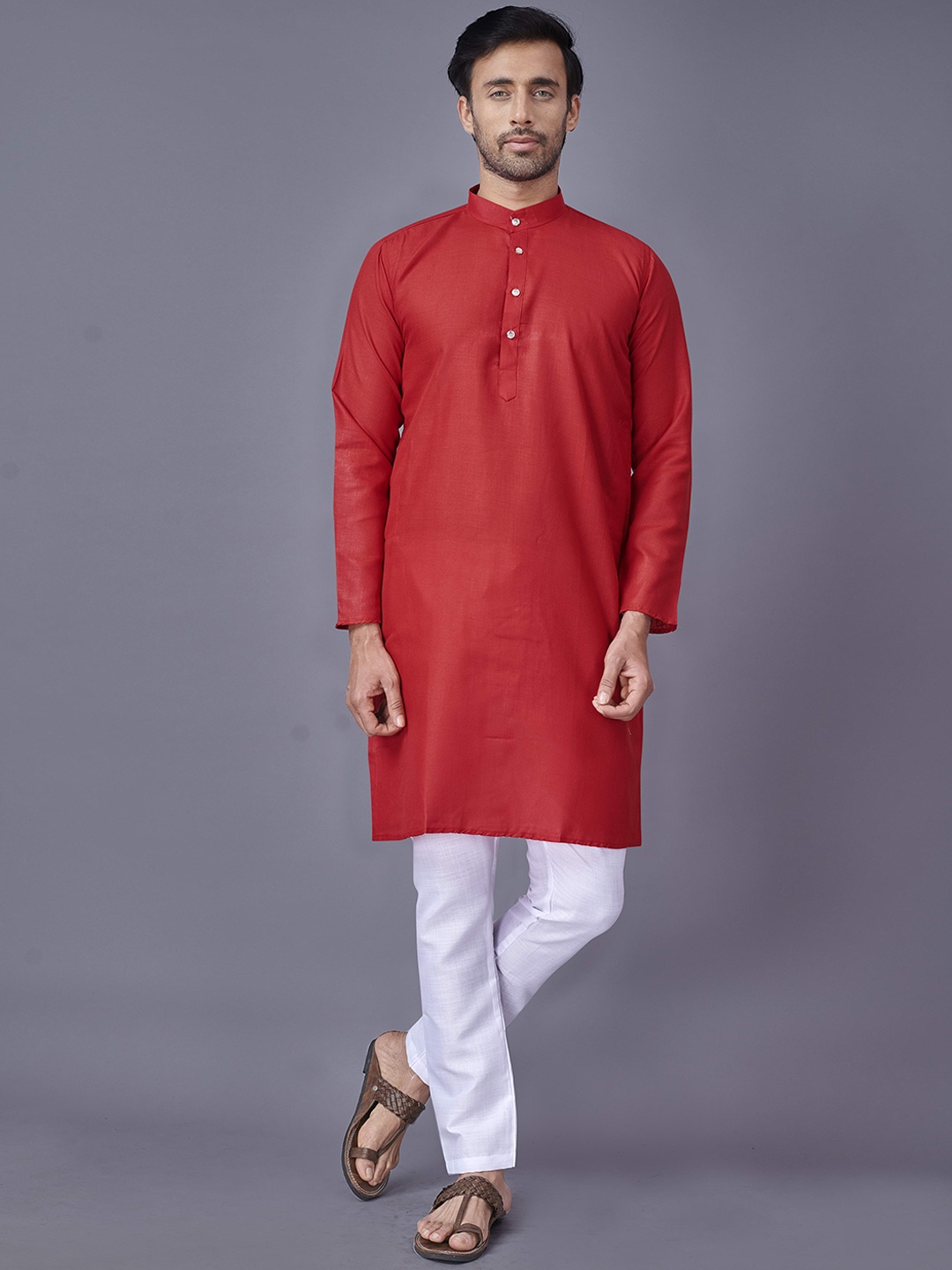 

Fashion FRICKS Mandarin Collar Cotton Straigth Kurta, Red