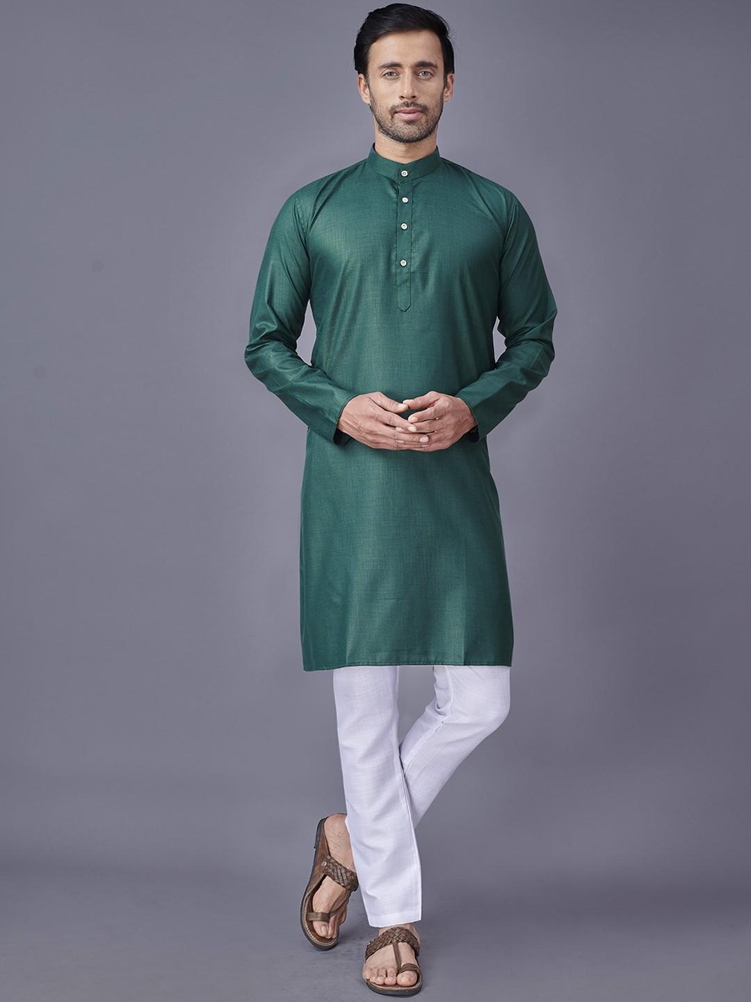 

Fashion FRICKS Mandarin Collar Cotton Straigth Kurta, Green