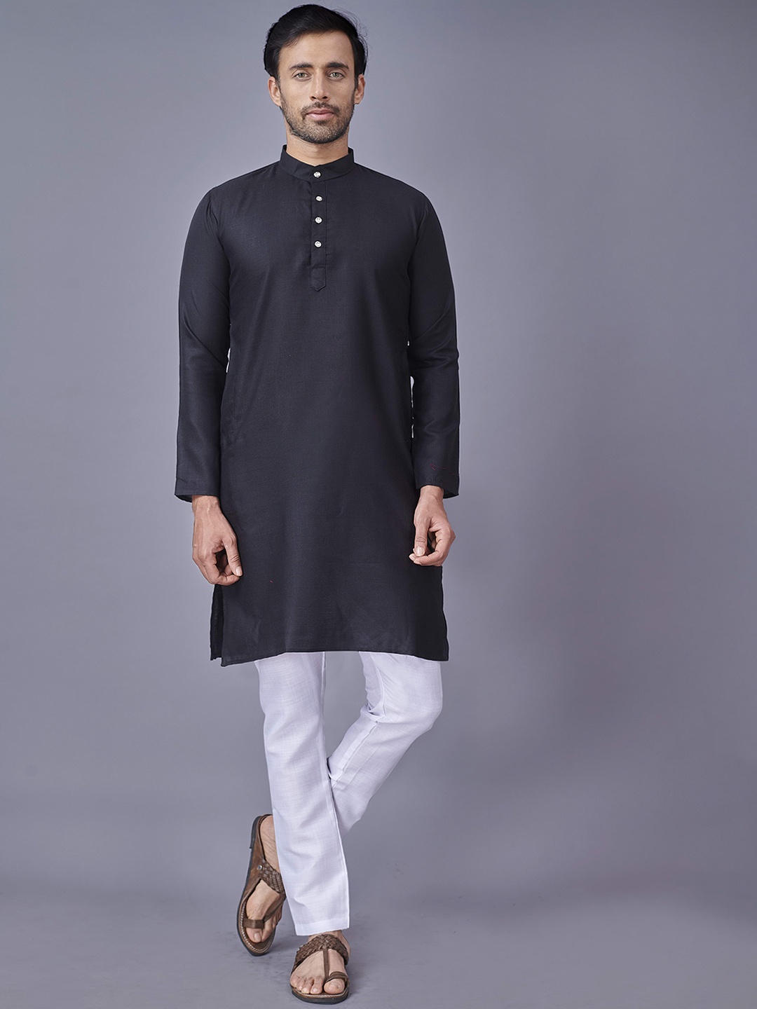 

Fashion FRICKS Mandarin Collar Cotton Straight Kurta, Black
