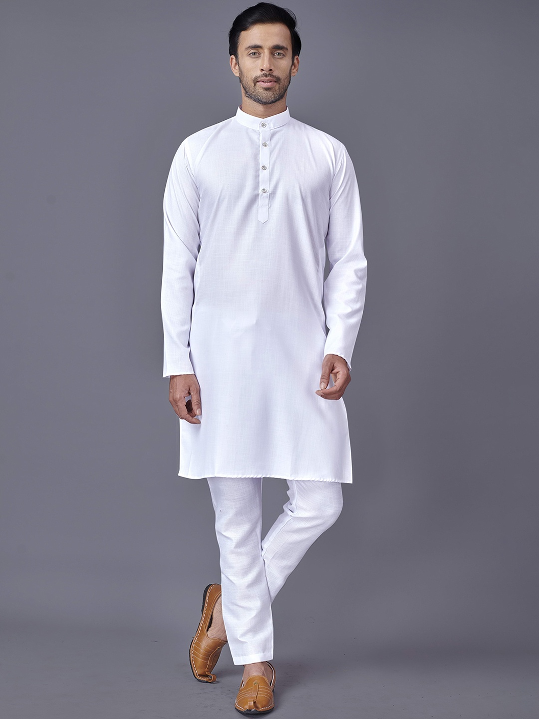 

Fashion FRICKS Mandarin Collar Long Sleeves Thread Work Cotton Kurta, White