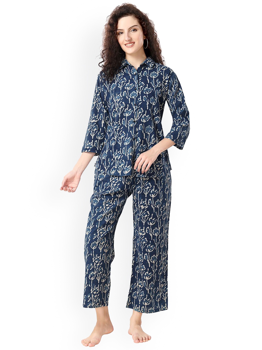 

NIGHT FLOSS Women Floral Printed Pure Cotton Night suit, Blue