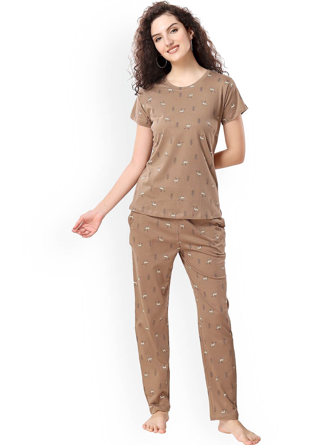 

NIGHT FLOSS Women Animel Printed Night suit, Brown