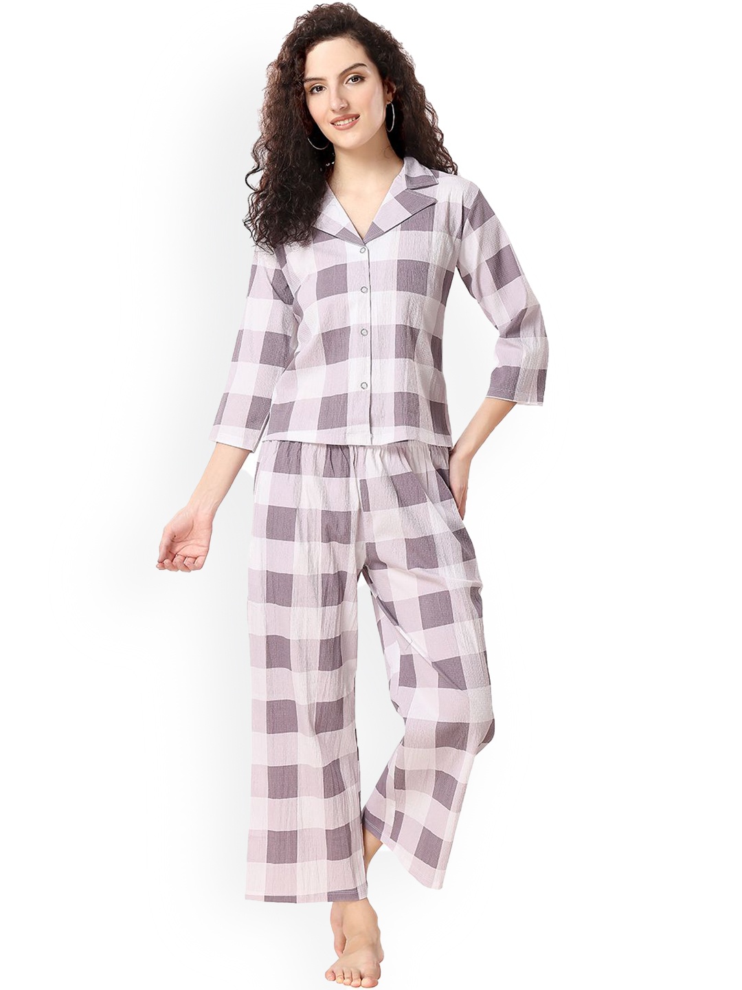 

NIGHT FLOSS Women Checked Printed Night suit, Purple