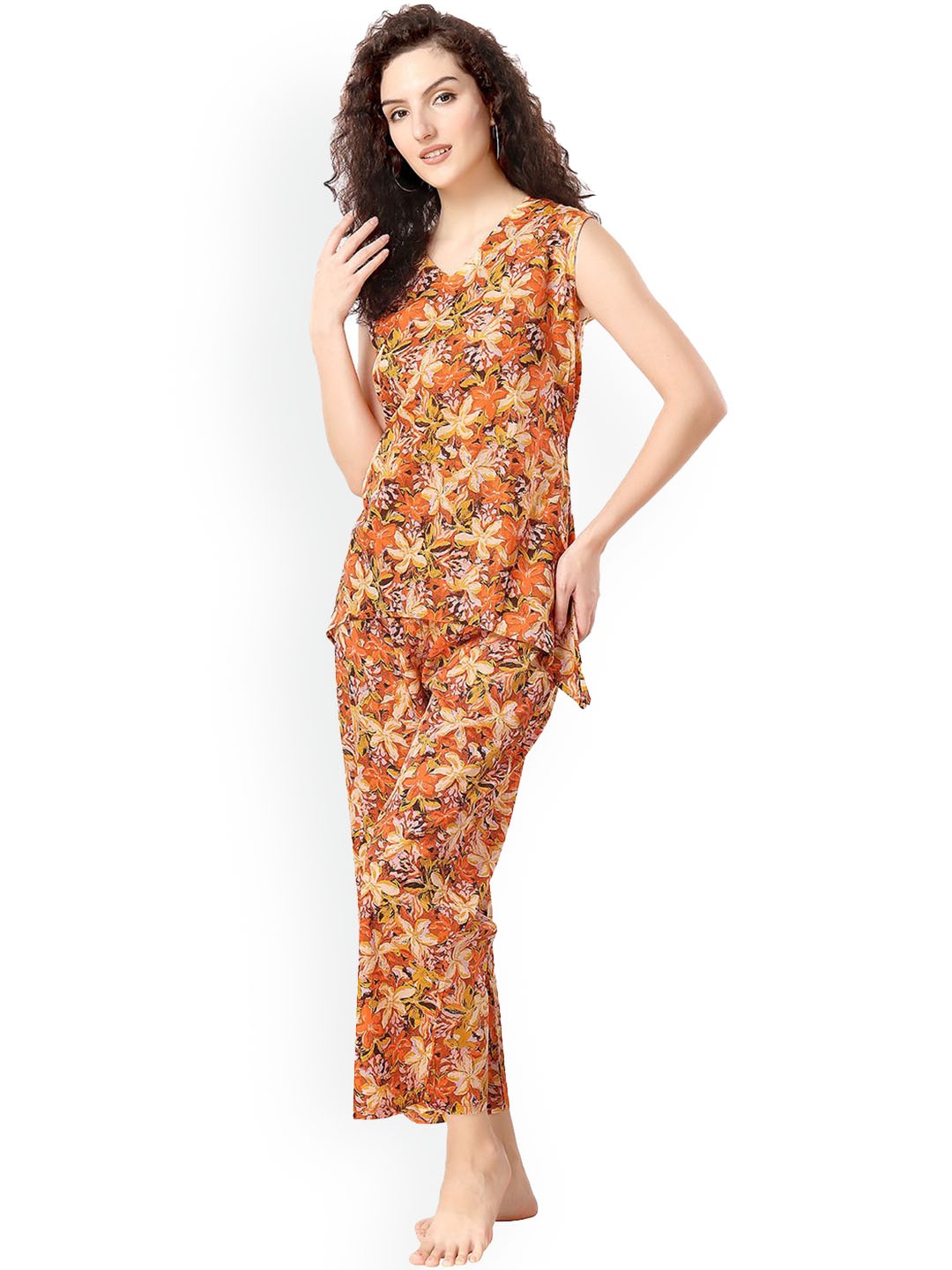 

NIGHT FLOSS Women Floral Printed Pure Cotton Night suit, Orange