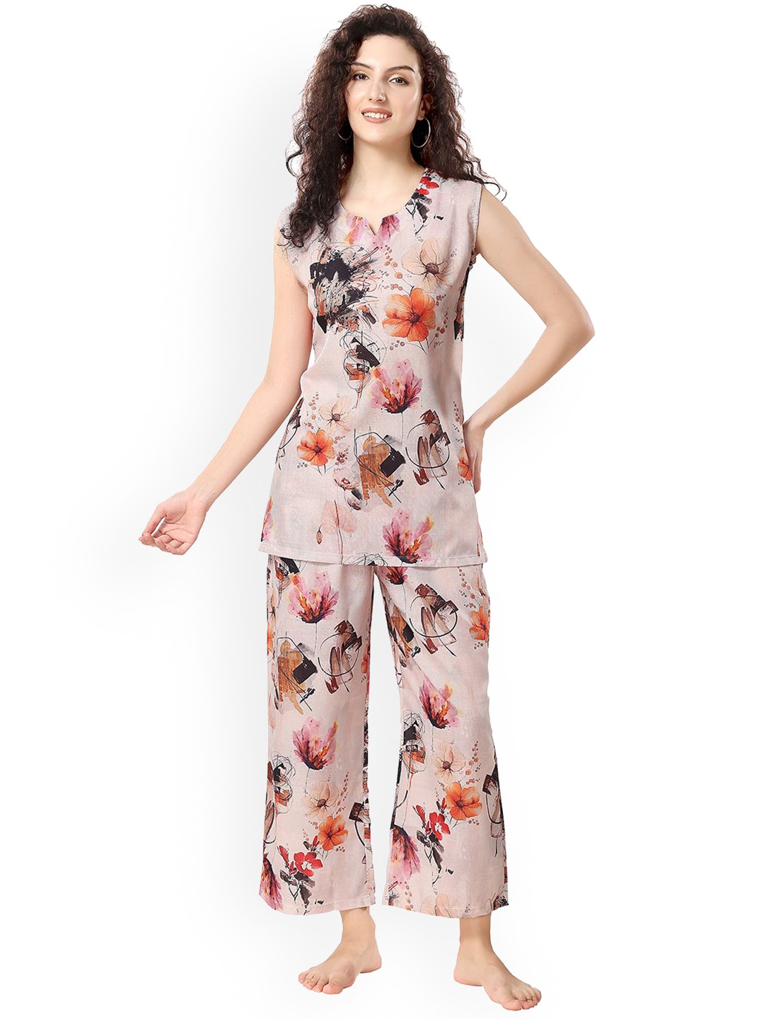 

NIGHT FLOSS Women Floral Printed Night suit, Pink