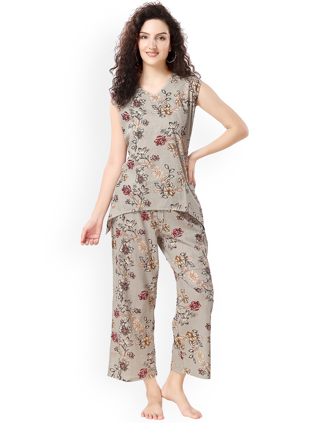 

NIGHT FLOSS Women Floral Printed Night suit, Green