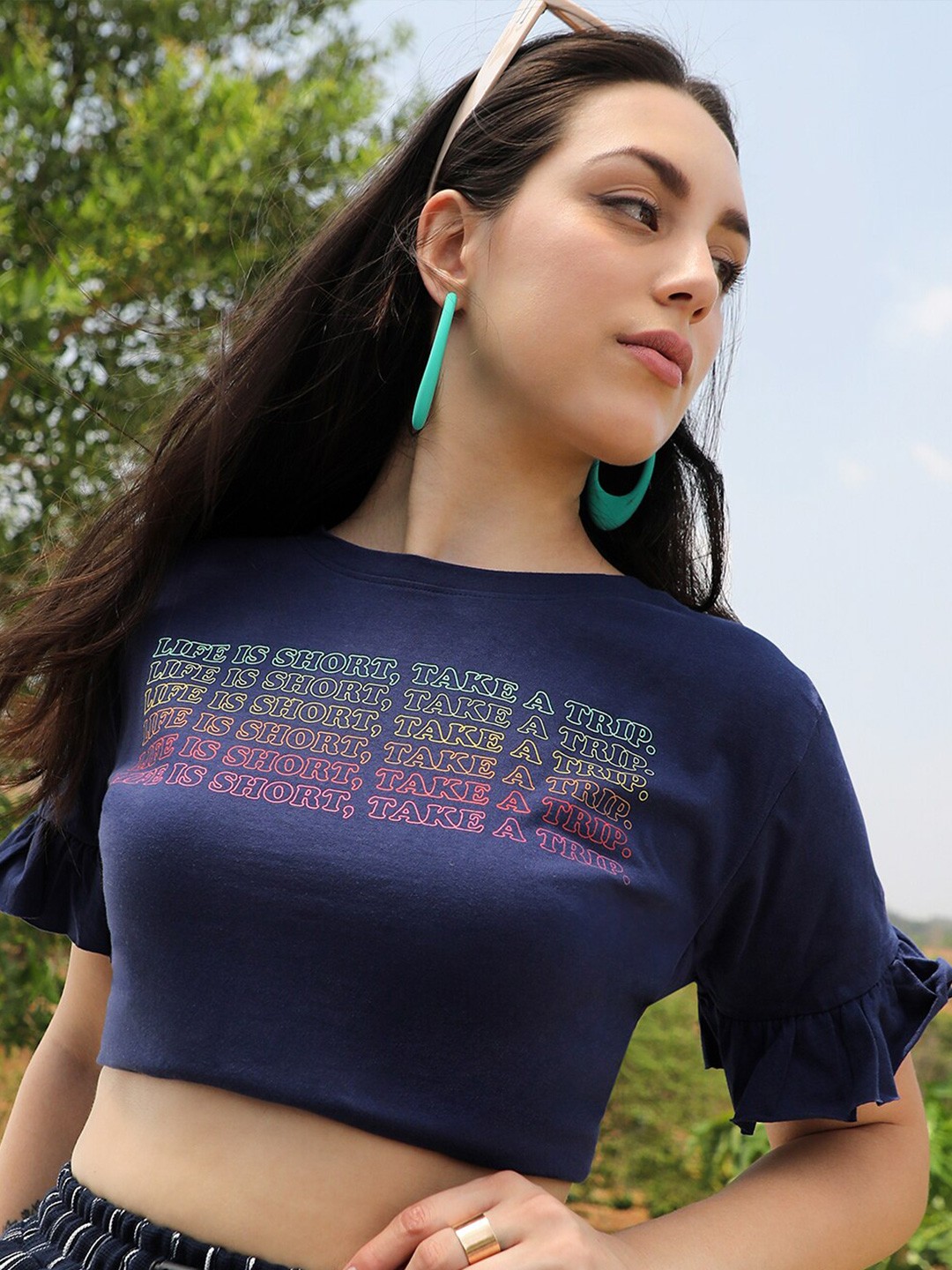 

PINACOLADA Round Neck Printed Cotton Top, Blue