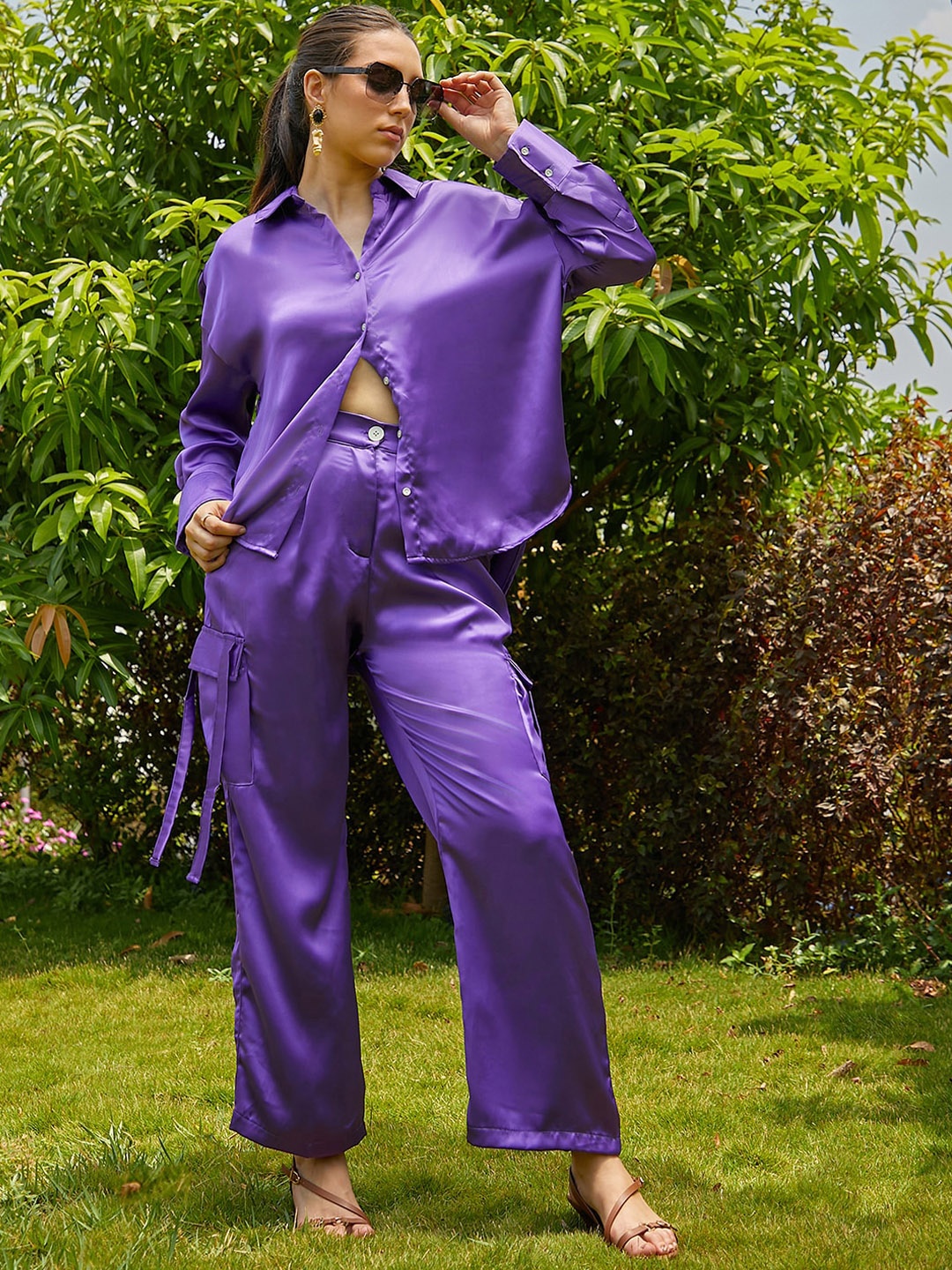 

PINACOLADA Solid Shirt With Trousers Co-Ords, Purple