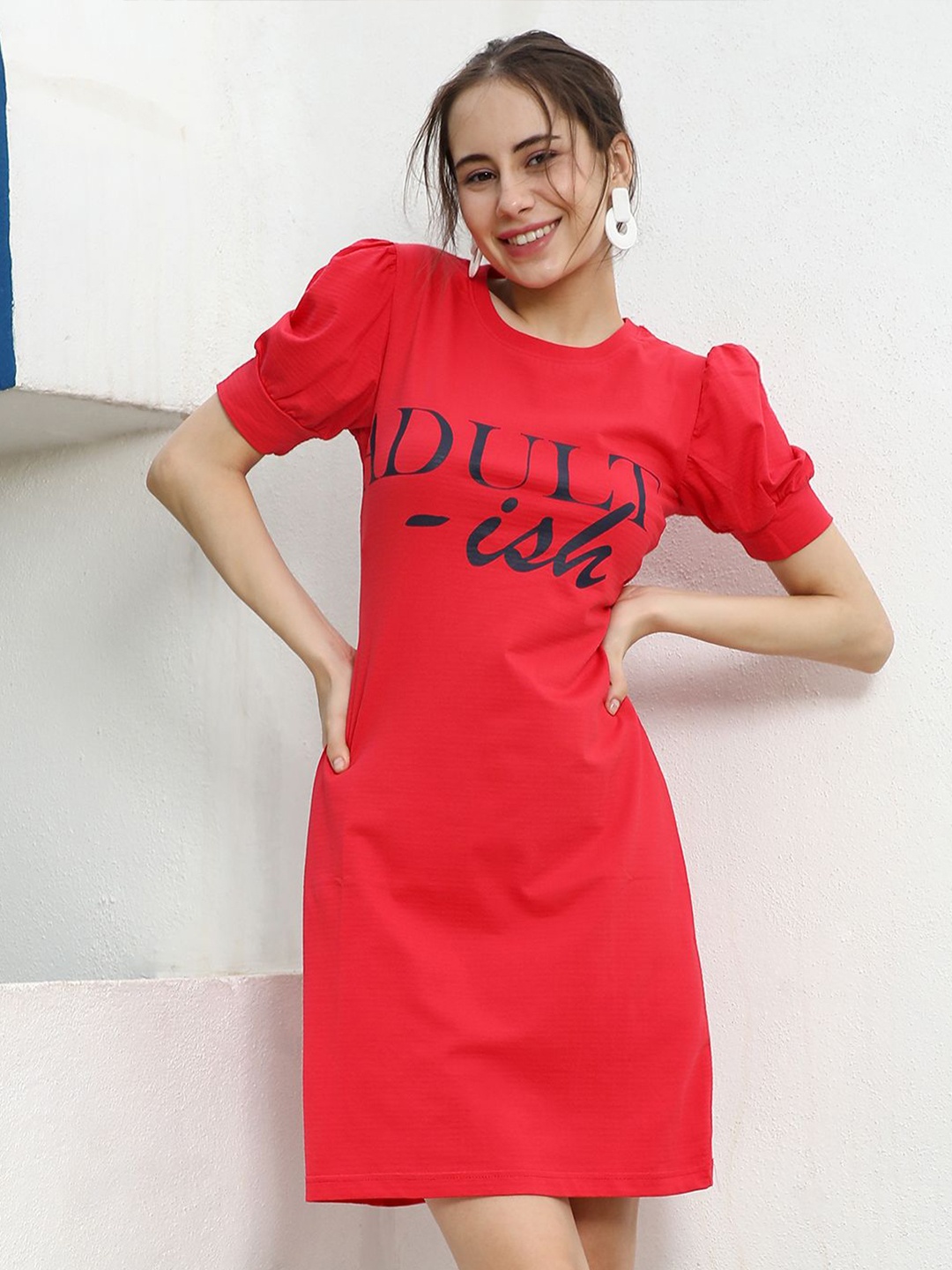 

PINACOLADA Typography Printed Puff Sleeves T-Shirt Dress, Red
