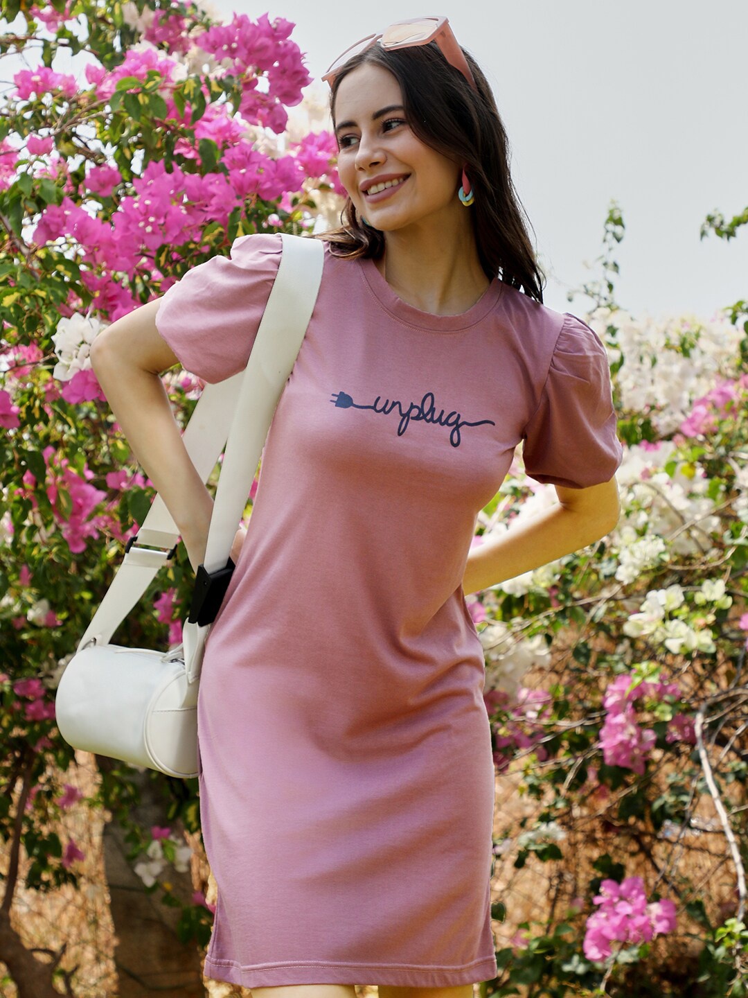 

PINACOLADA Round Neck Puff Sleeves Cotton T-shirt Dress, Purple