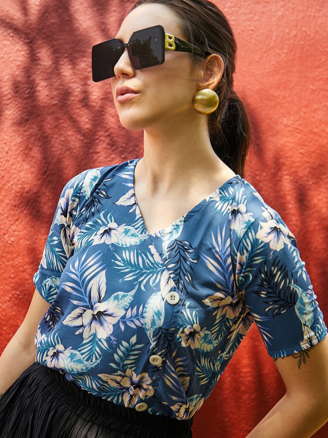 

PINACOLADA Floral Printed V Neck Top, Blue