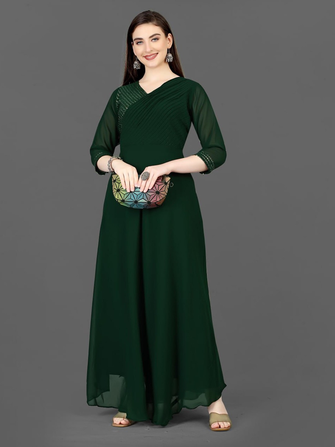 

Fashion FRICKS Georgette Embroidered Long Gown Maxi Dress, Green