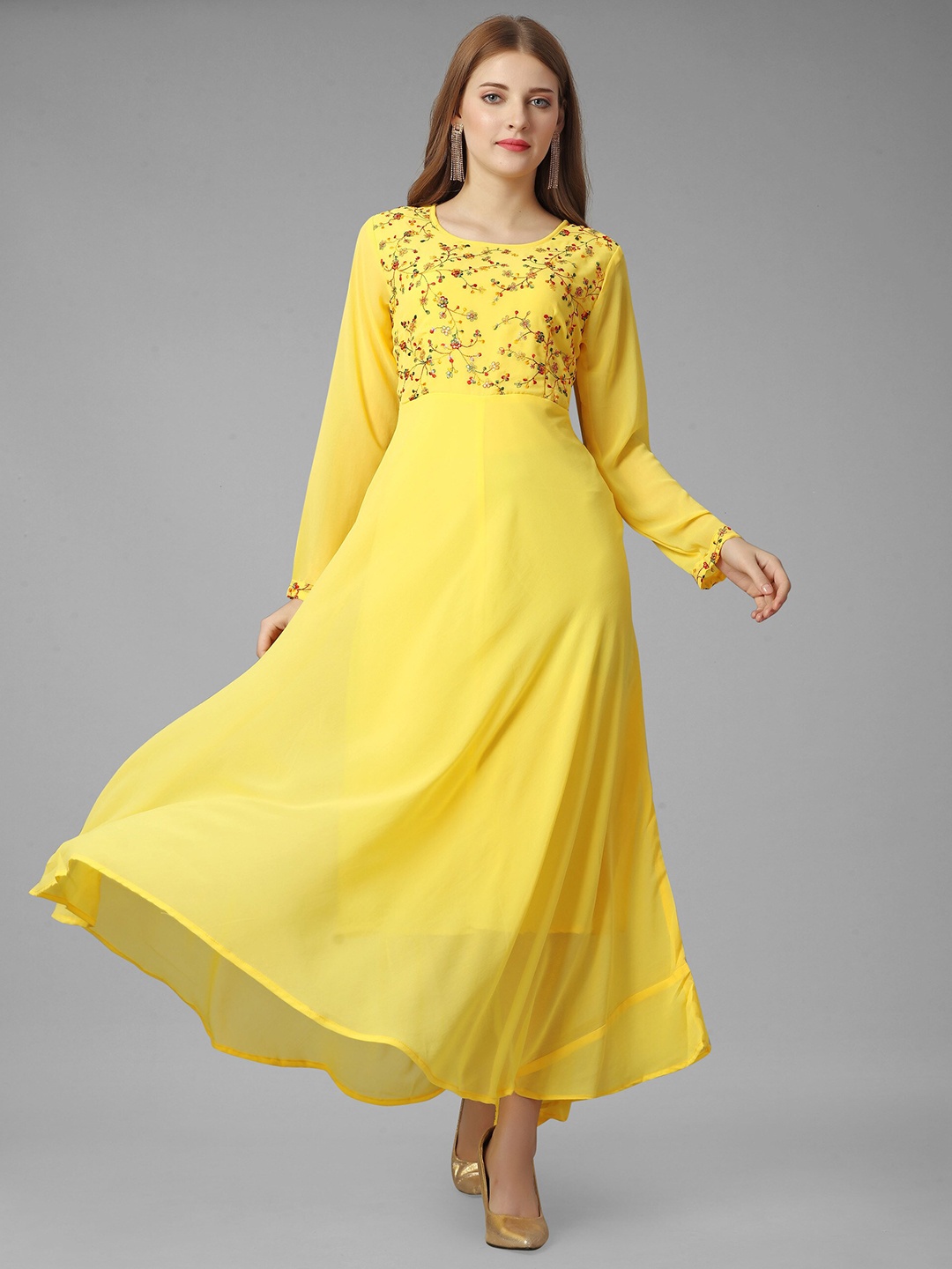 

Fashion FRICKS Floral Embroidered Round Neck Georgette Long Gown Partywear Maxi Dress, Yellow