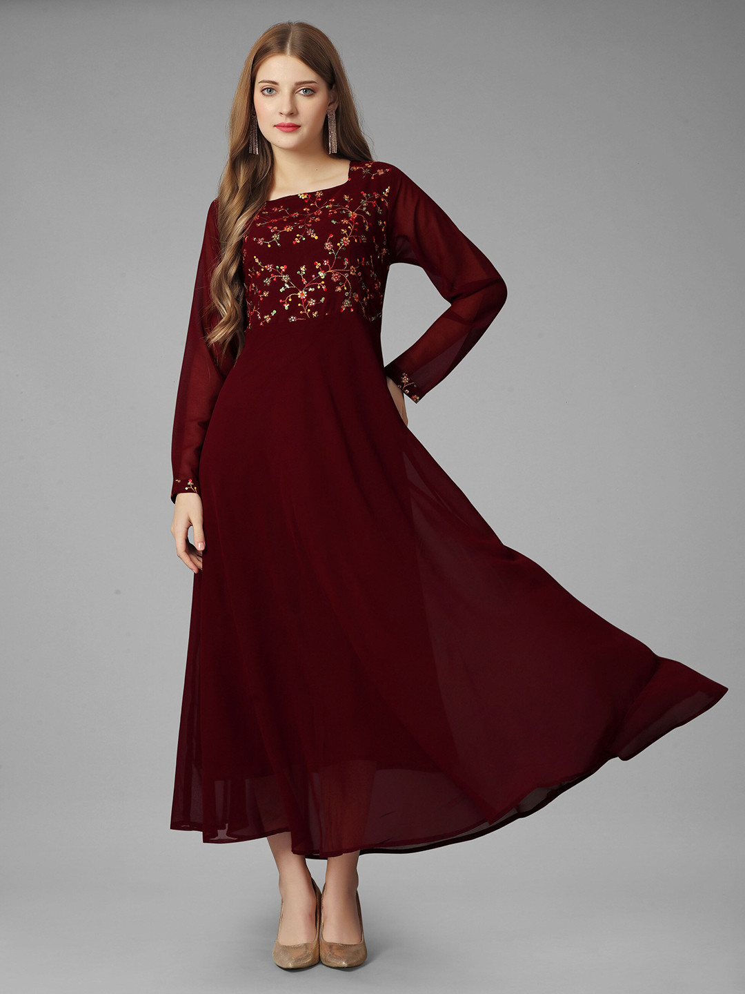

Fashion FRICKS Floral Embroidered Square Neck Georgette Partywear Maxi Dress, Maroon