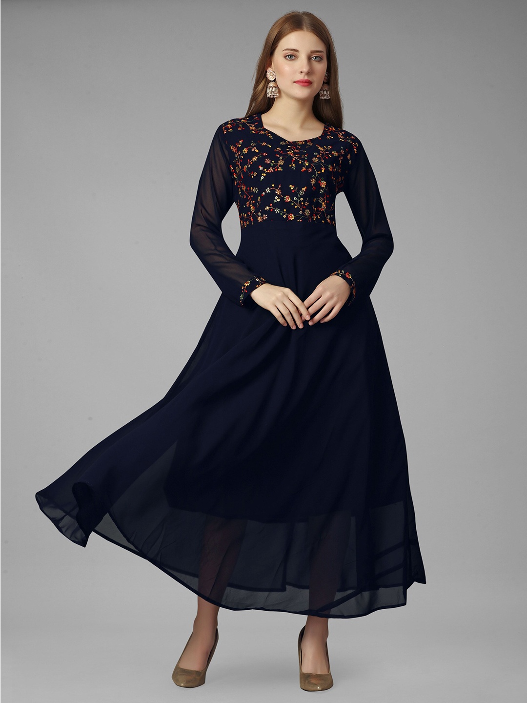 

Fashion FRICKS Georgette Floral Embroidered Long Gown Maxi Ethnic Dress, Blue