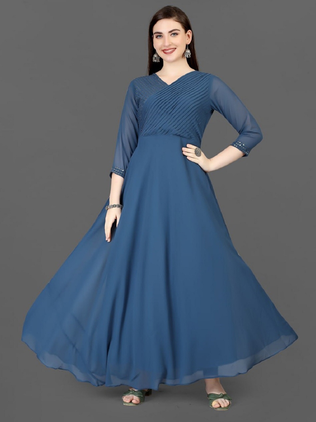 

Fashion FRICKS Georgette Embroidered Long Gown Maxi Ethnic Dress, Blue