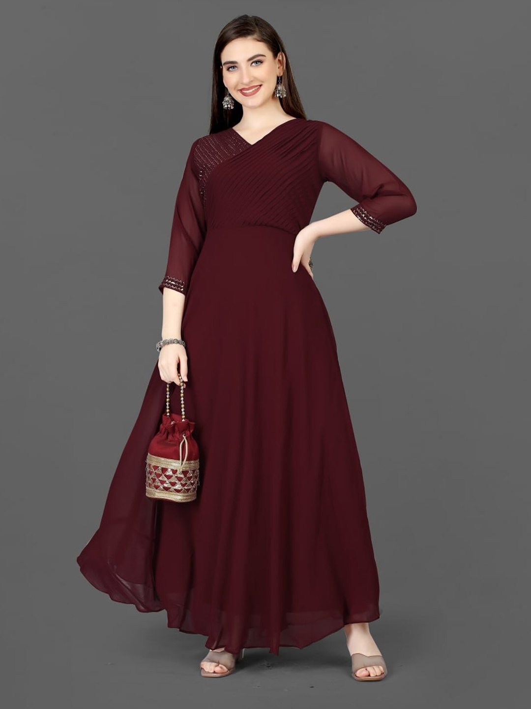 

Fashion FRICKS Georgette Embroidered Long Gown Maxi Ethnic Dress, Maroon