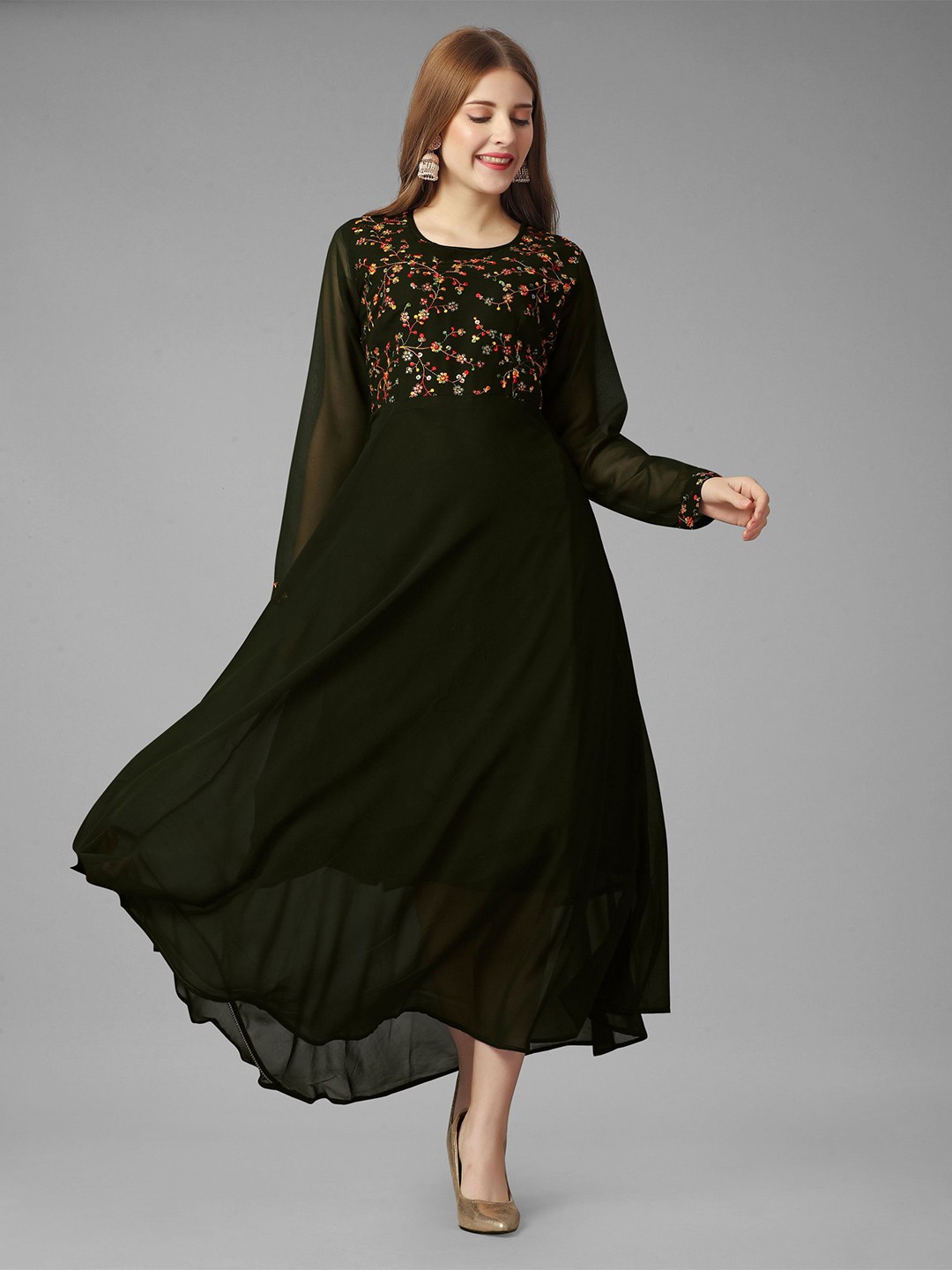 

Fashion FRICKS Puff Embroidered Sleeve Georgette Maxi Dress, Green