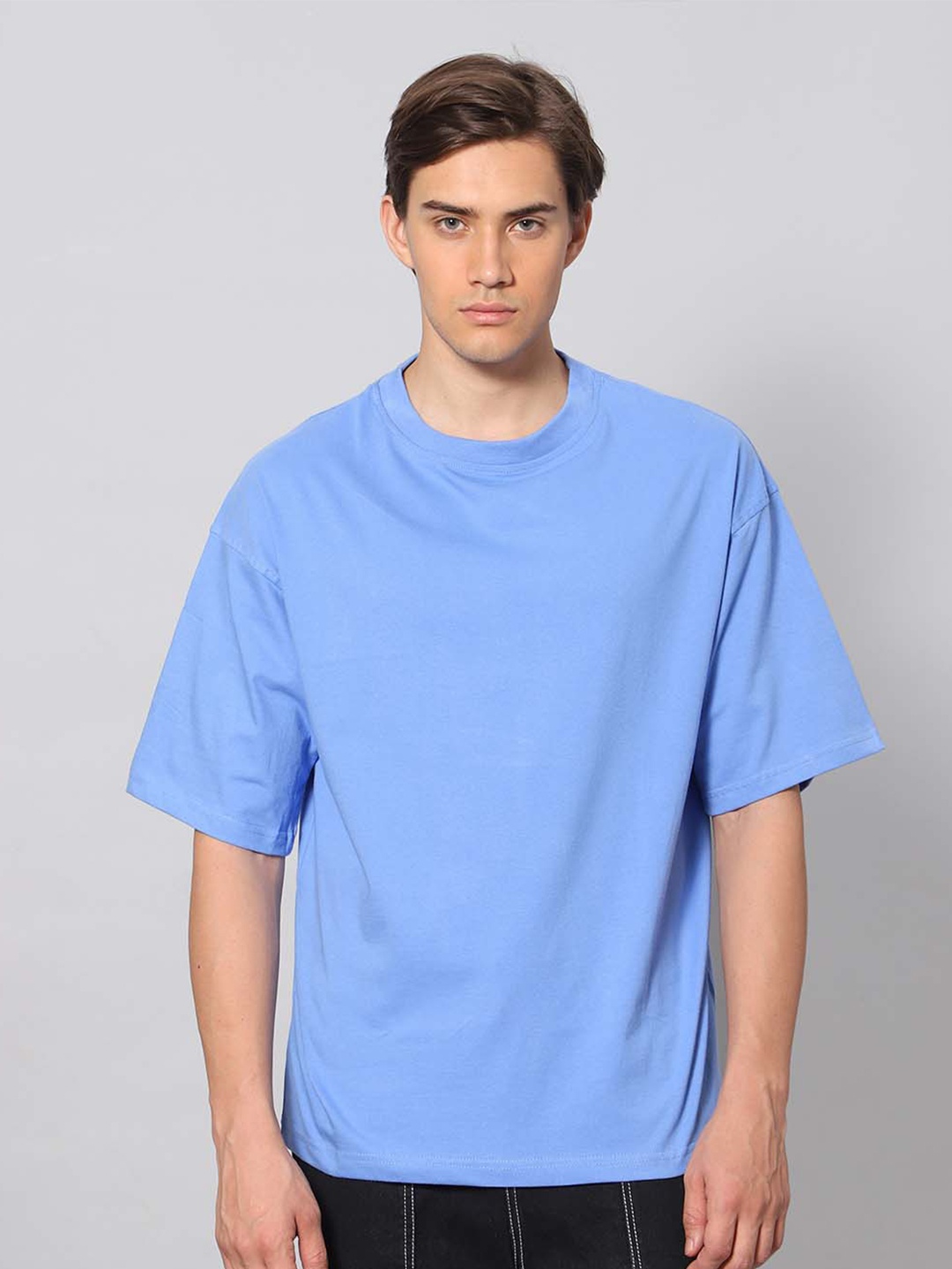 

Besick Round Neck Drop Shoulder Sleeves Cotton Oversized T-shirt, Blue