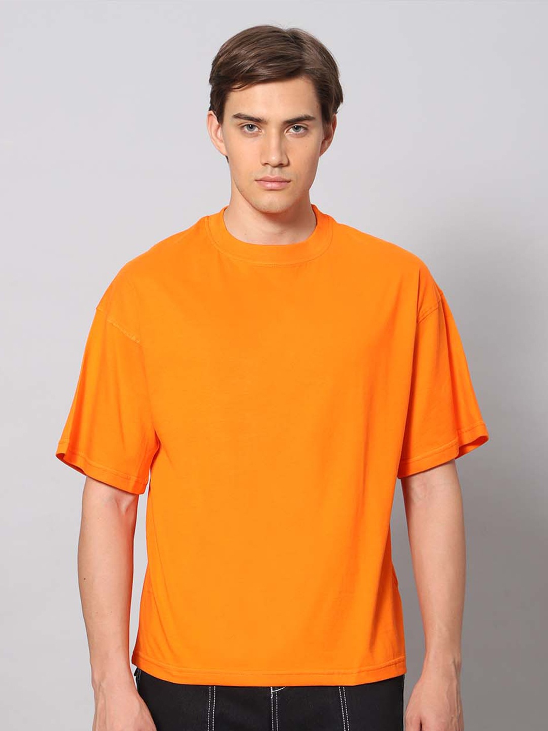 

Besick Round Neck Drop Shoulder Sleeves Cotton Oversized T-shirt, Orange