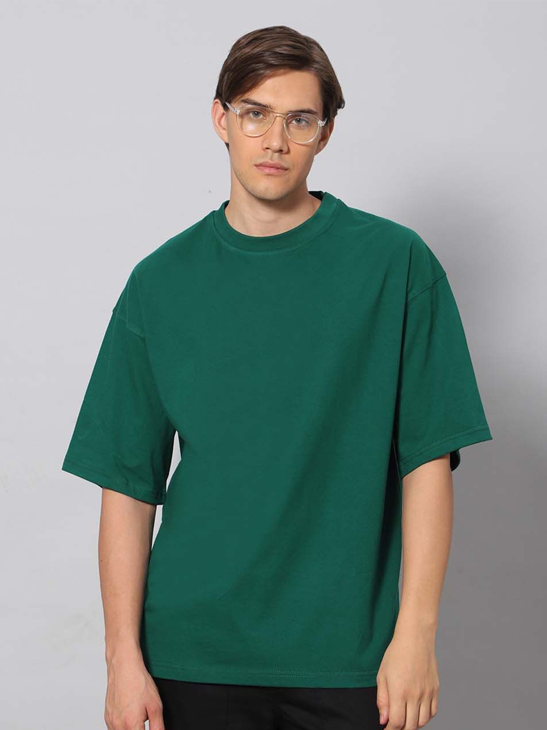 

Besick Round Neck Drop Shoulder Sleeves Cotton Oversized T-shirt, Green