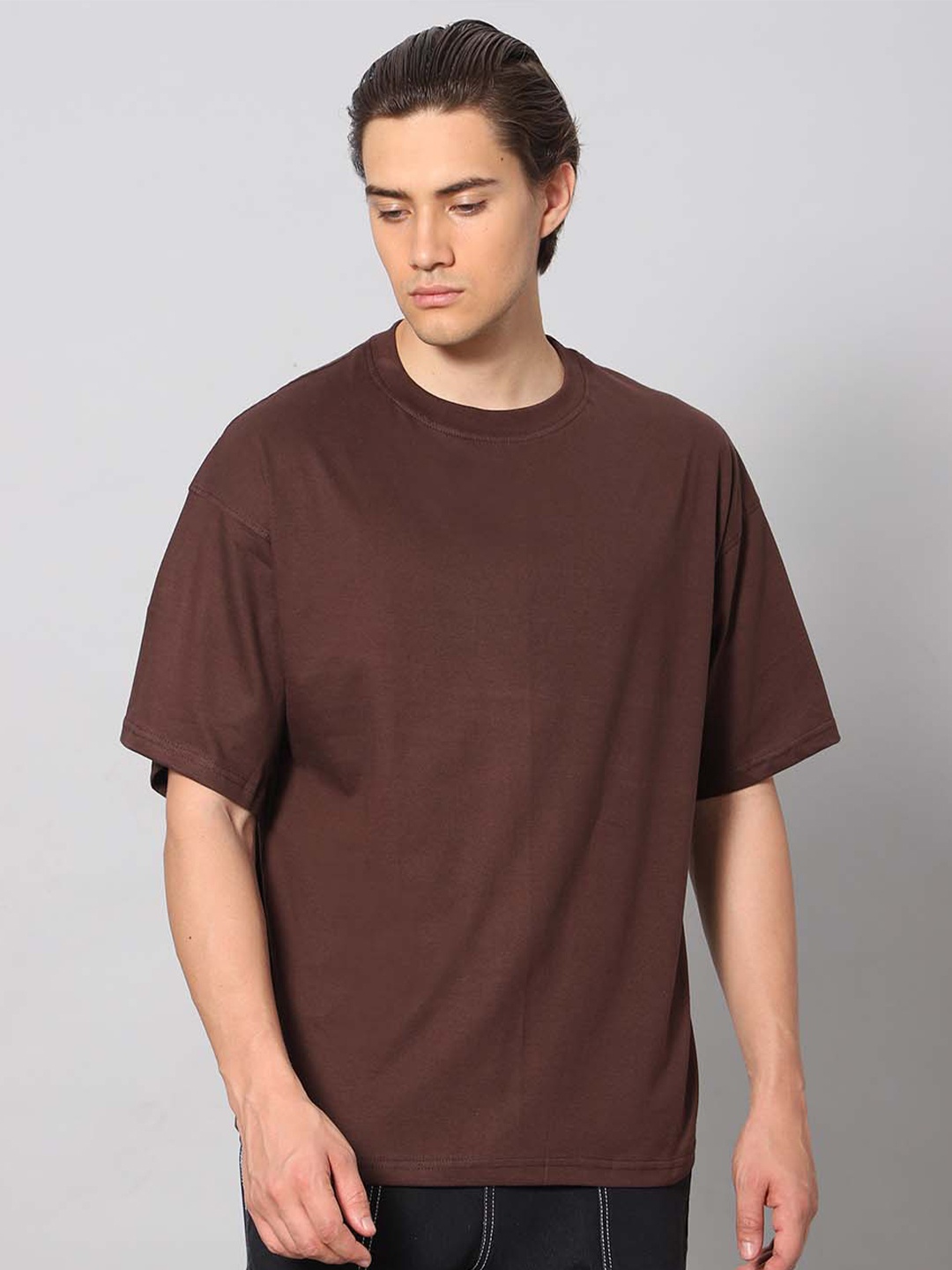 

Besick Round Neck Drop Shoulder Sleeves Cotton Baggy T-shirt, Coffee brown