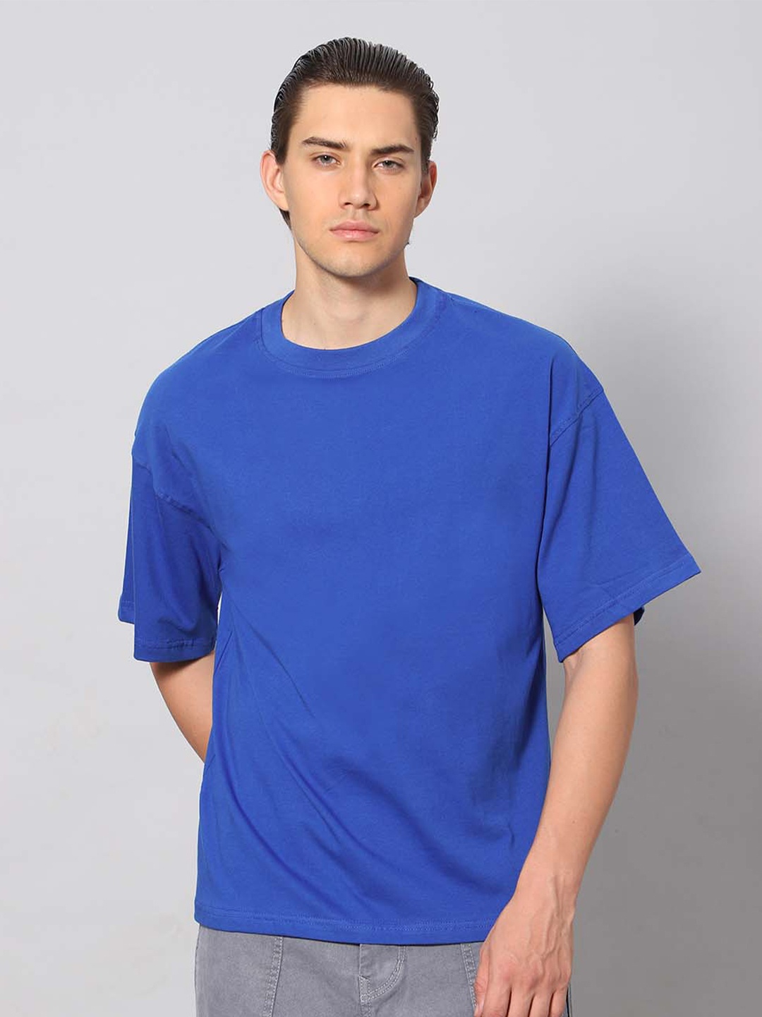 

Besick Round Neck Drop Shoulder Sleeves Cotton Oversized T-shirt, Blue