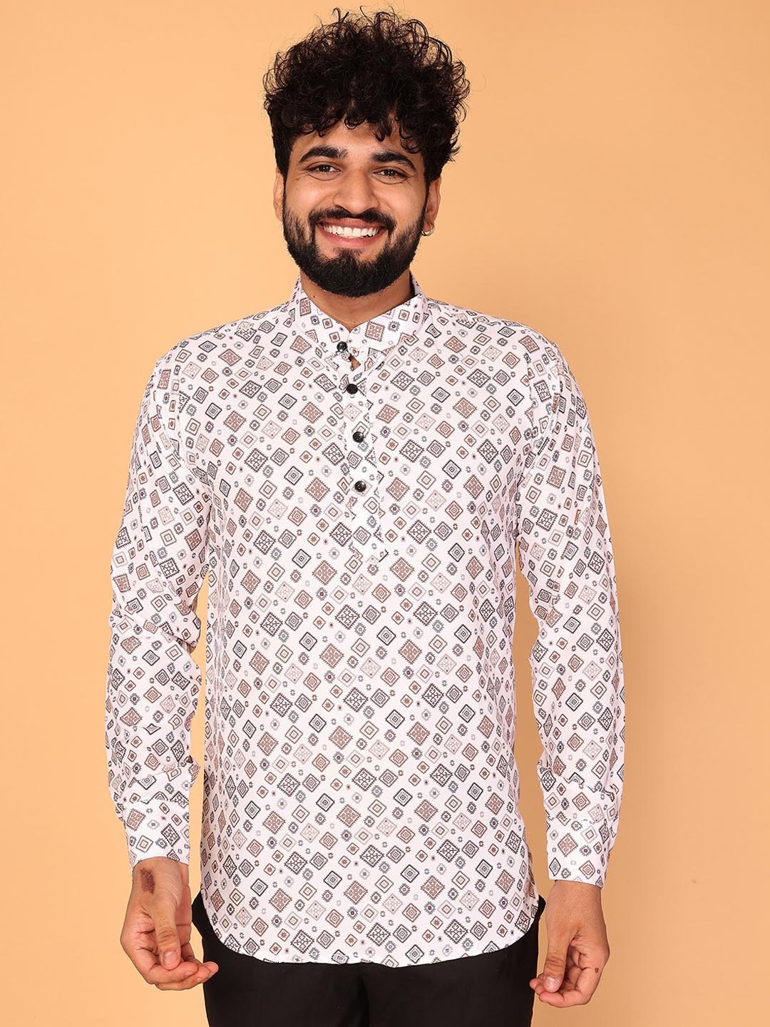 

Fashion FRICKS Geometric Printed Straight Short Kurta, White