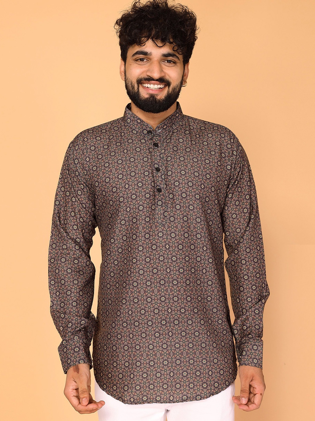 

Fashion FRICKS Floral Embroidered Mandarin Collar Thread Work Straight Short Kurta, Brown