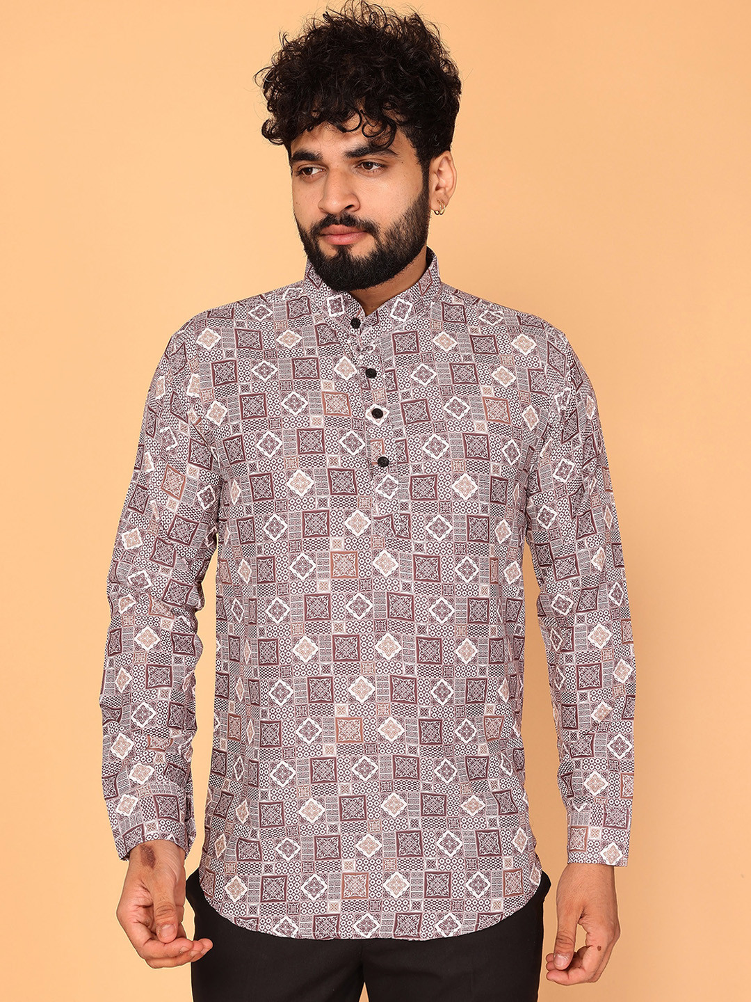 

Fashion FRICKS Geometric Printed Mandarin Collar Straight Short Kurta, Grey