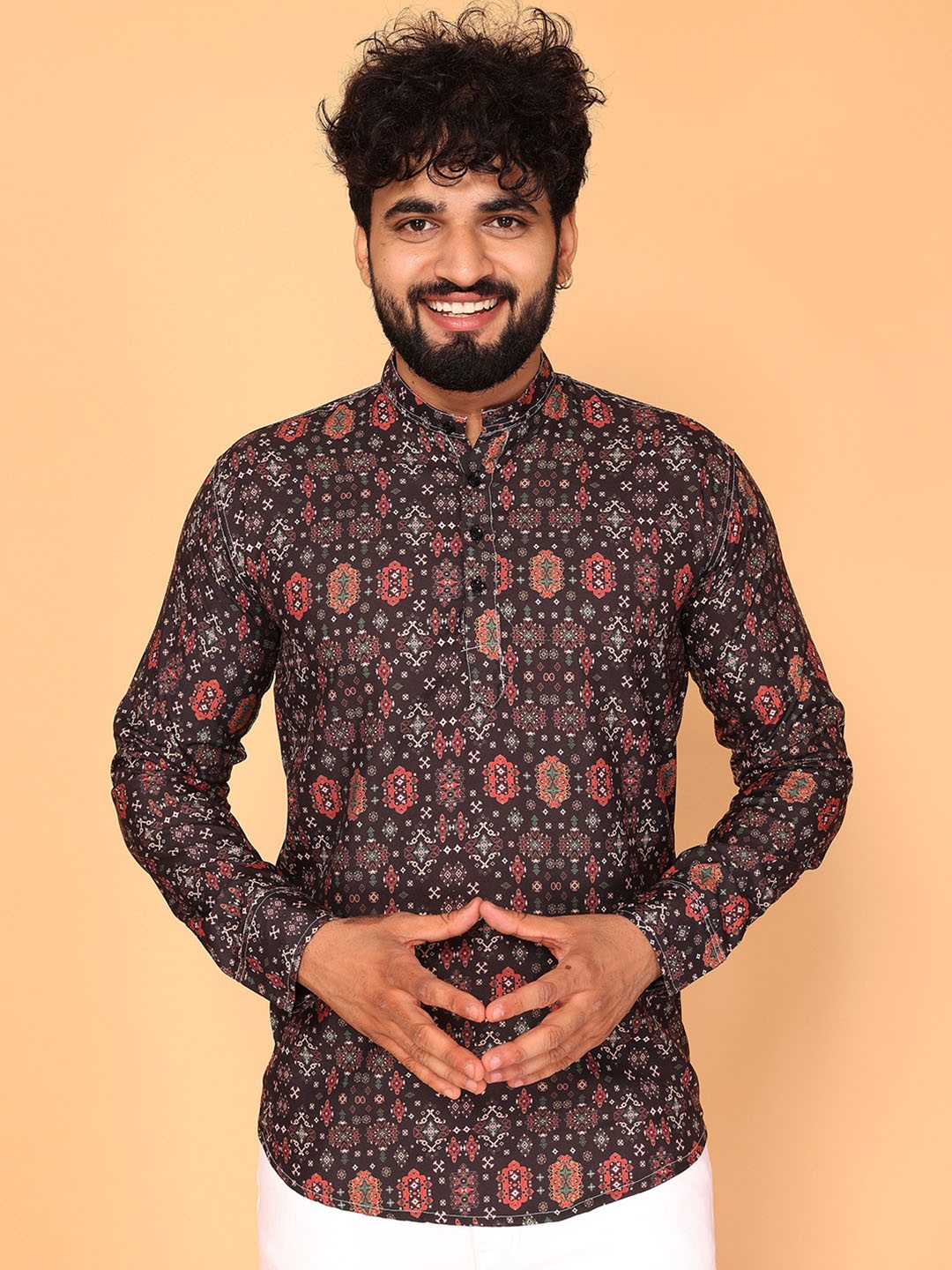 

Fashion FRICKS Ethnic Motifs Printed Mandarin Collar Short Kurta, Brown