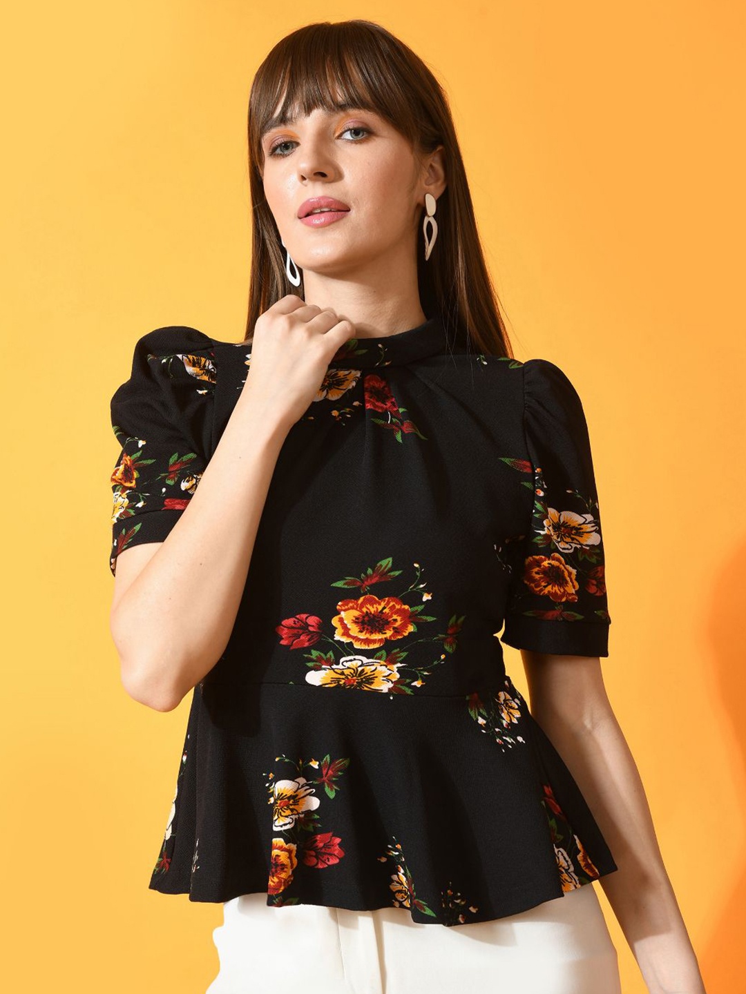 

IUGA Floral Printed Round Neck Puff Sleeve Peplum Top, Black