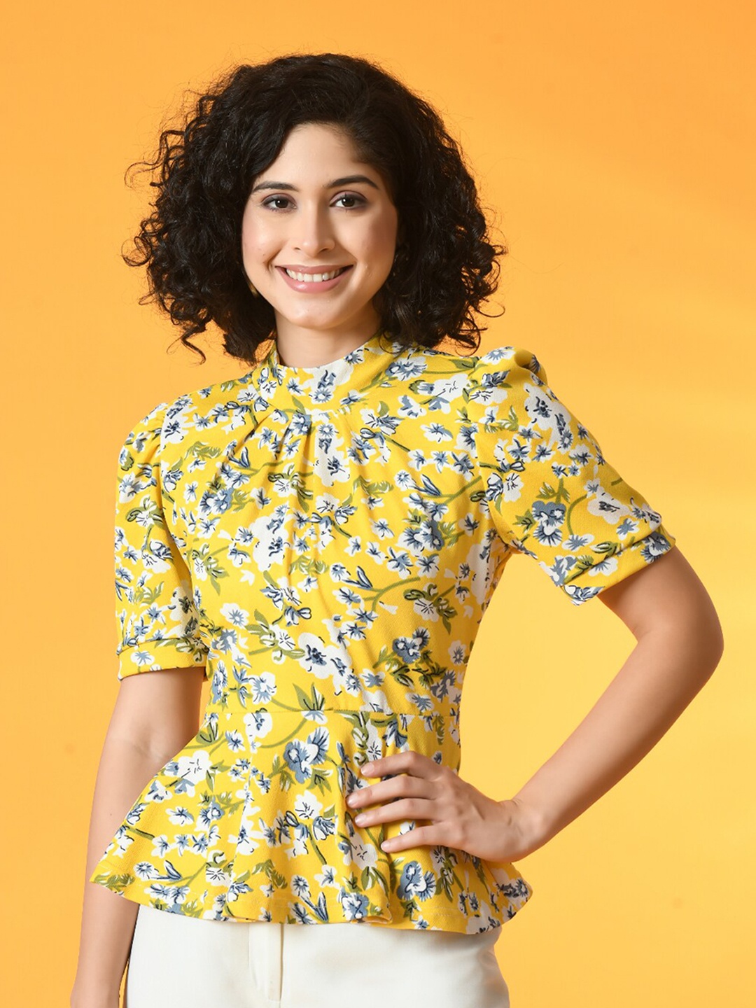 

IUGA Floral Printed High Neck Puff Sleeves Peplum Top, Yellow