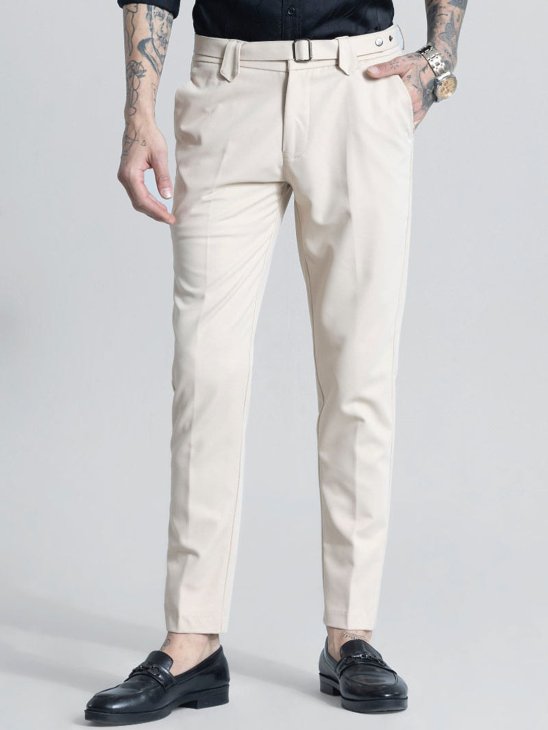 

Snitch Men Smart Slim Fit Cotton Trousers, Cream