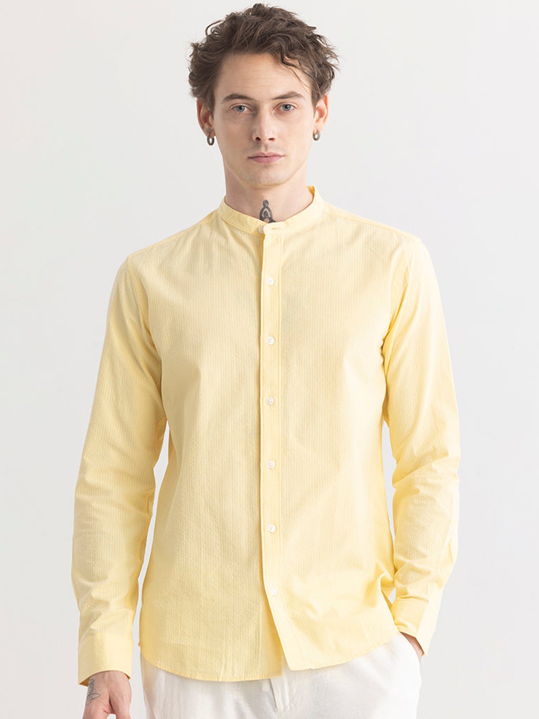 

Snitch Men Classic Solid Slim Fit Opaque CasualTextured Shirt, Yellow