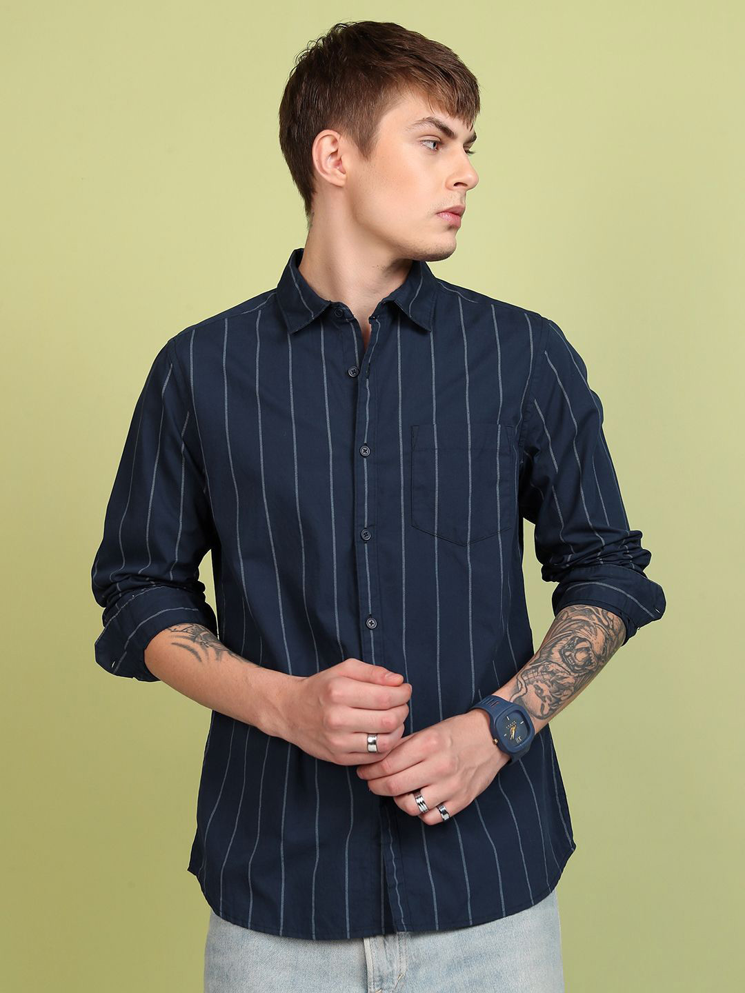 

HIGHLANDER Regular Fit Regular Collar Full Sleeve Shirt, Navy blue