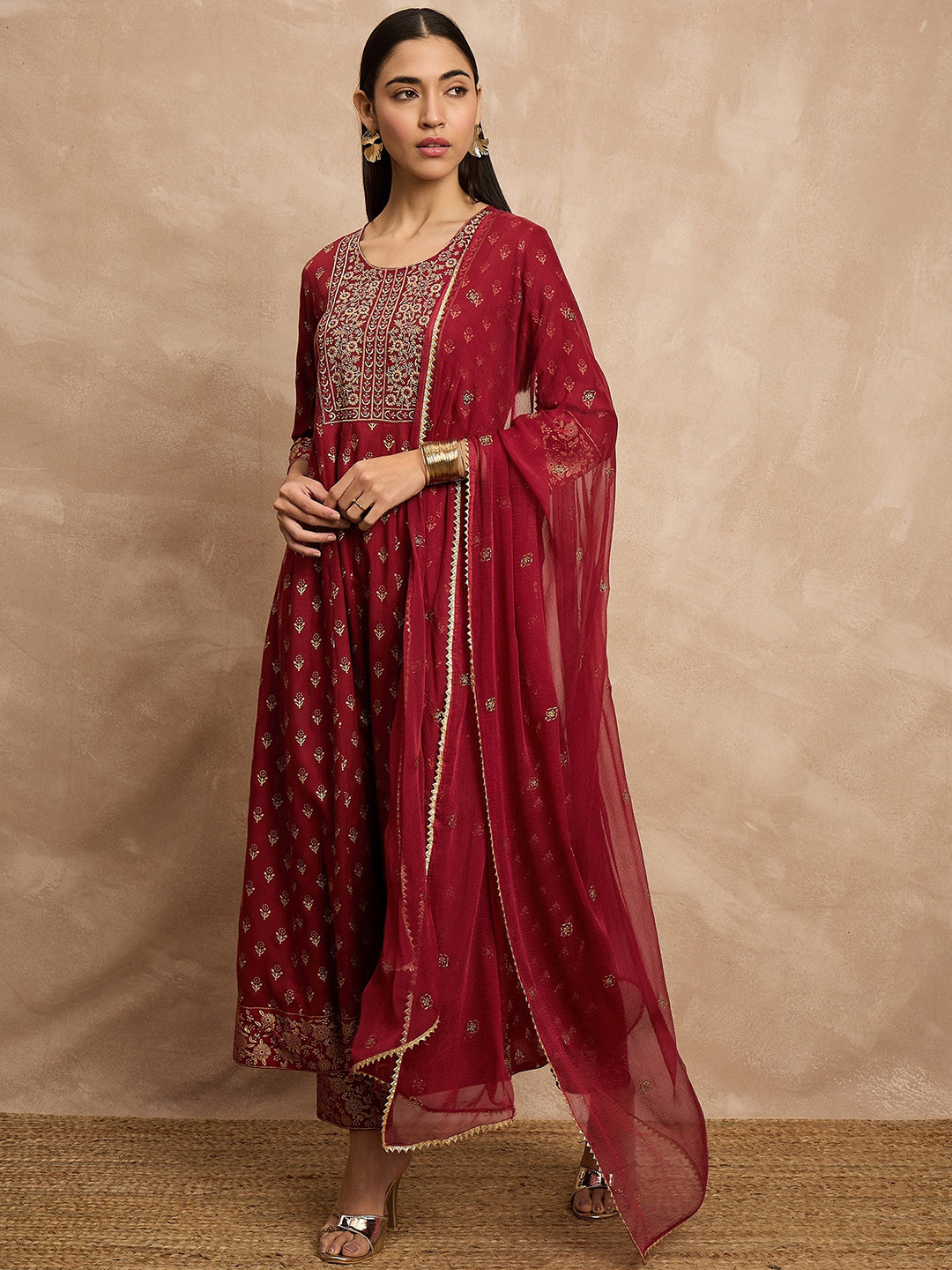 

all about you Ethnic Motifs Embroidered Anarkali Kurta With Trousers & Dupatta, Maroon