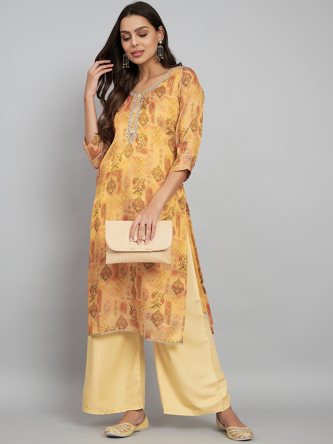 

Label Khoj Women Ethnic Motifs Printed Keyhole Neck Kurta, Yellow
