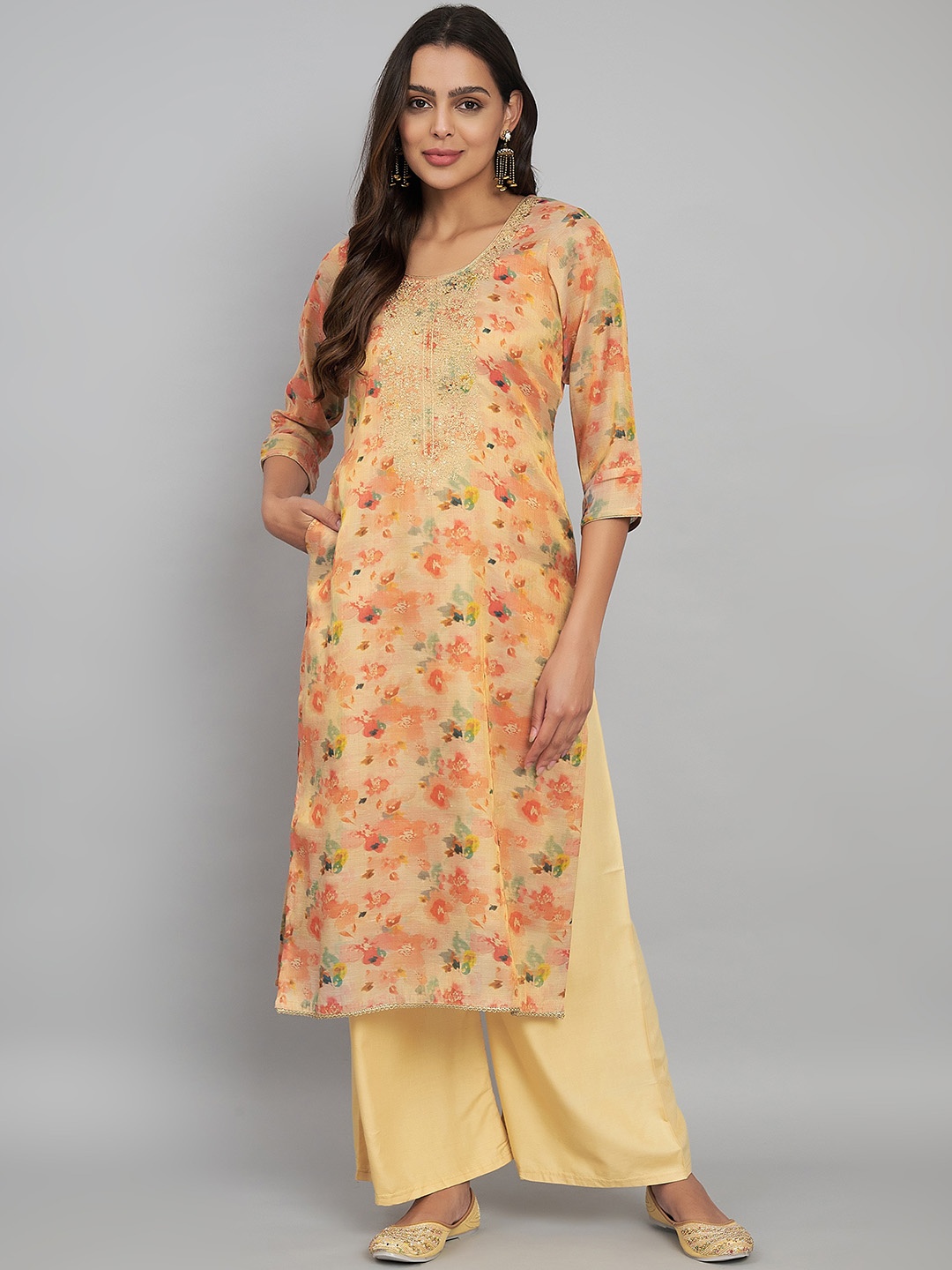 

Label Khoj Floral Printed Round Neck Sequined Straight Kurta, Beige