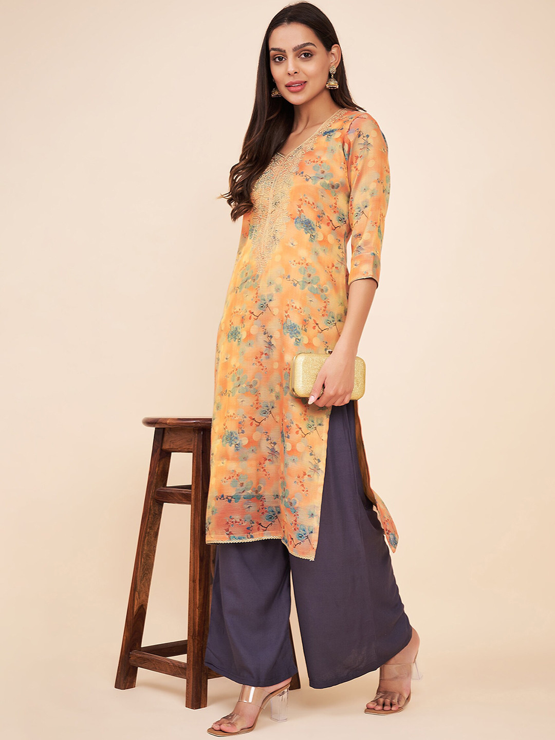

Label Khoj Women Ethnic Motifs Printed Sequinned Kurta, Orange