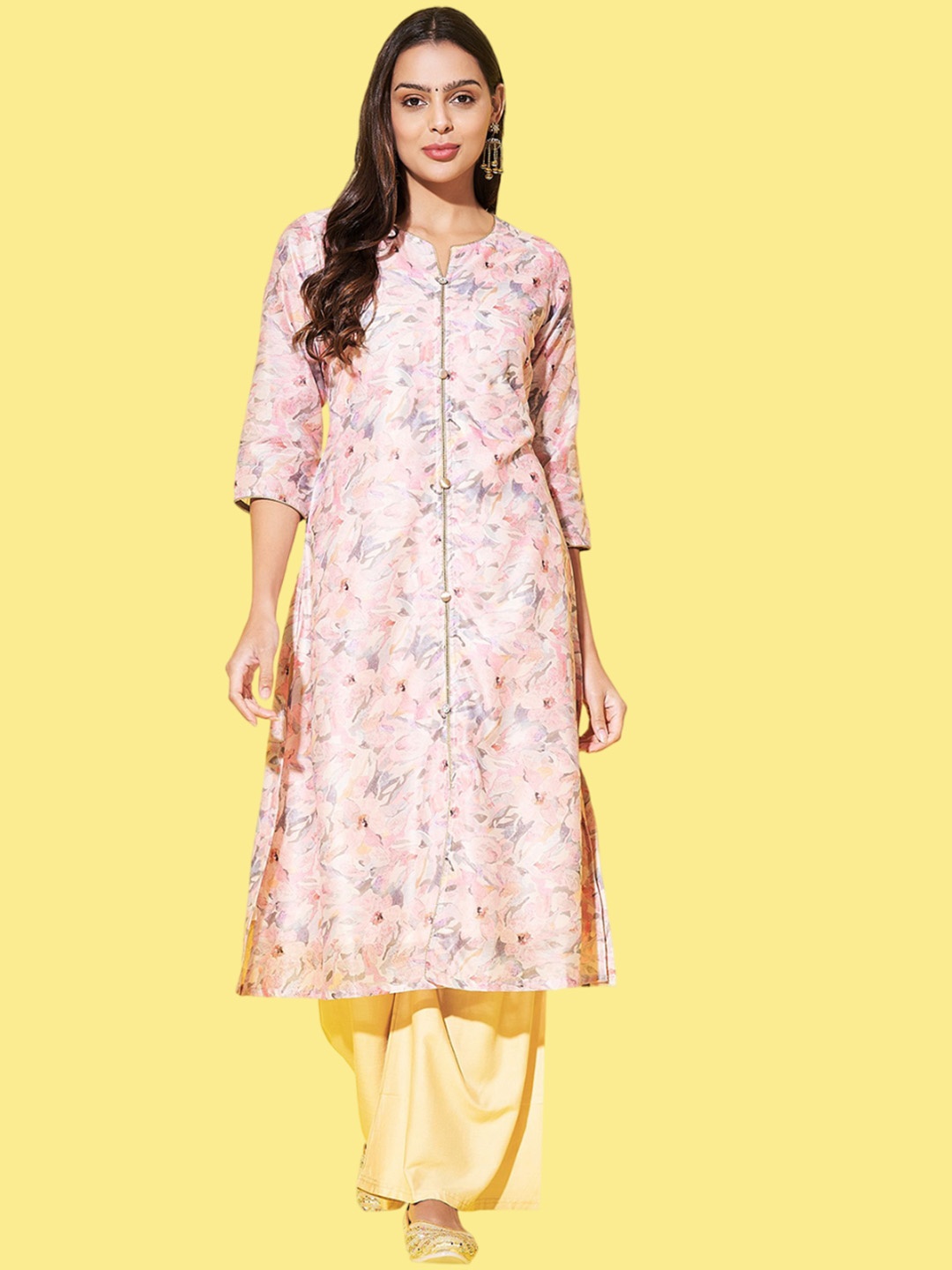 

Label Khoj Floral Printed V-Neck Straight Kurta, Beige