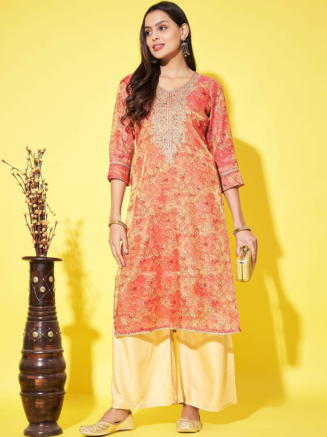 

Label Khoj Women Floral Printed Flared Sleeves Thread Work Kurta, Orange