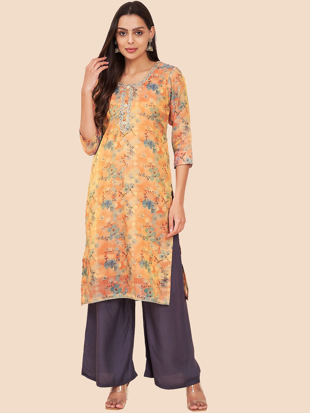 

Label Khoj Floral Printed Round Neck Sequined Straight Kurta, Orange